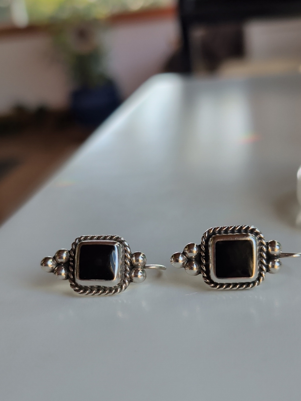 Sterling Silver Black Onyx Square Drop Earrings